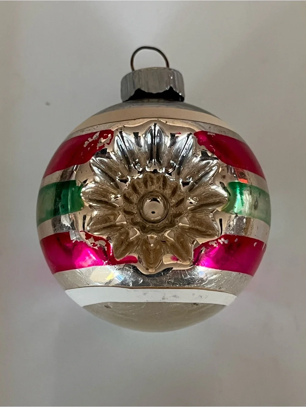 Vintage-Inspired Silver Holiday Ornament with Pink & Green Accents